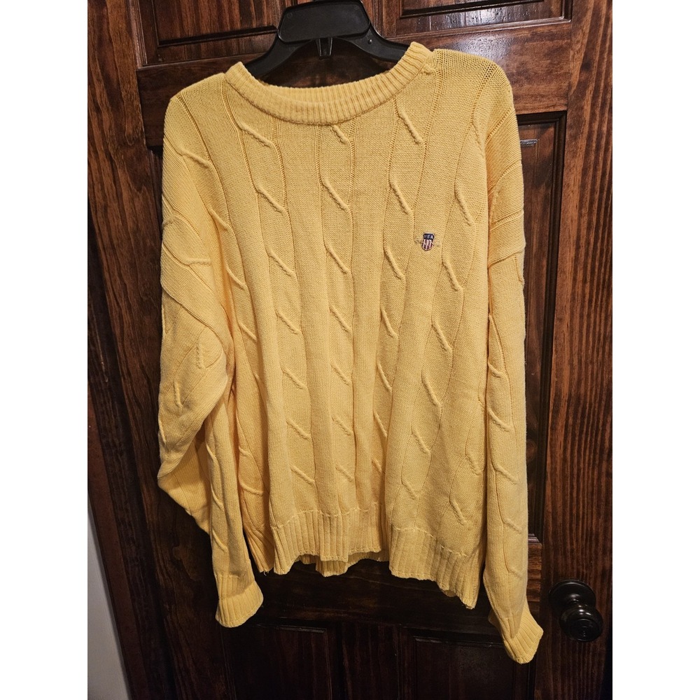Gant Vintage 80s Mens Large Cable Knit Sweater 100% Cotton Yellow Made in USA